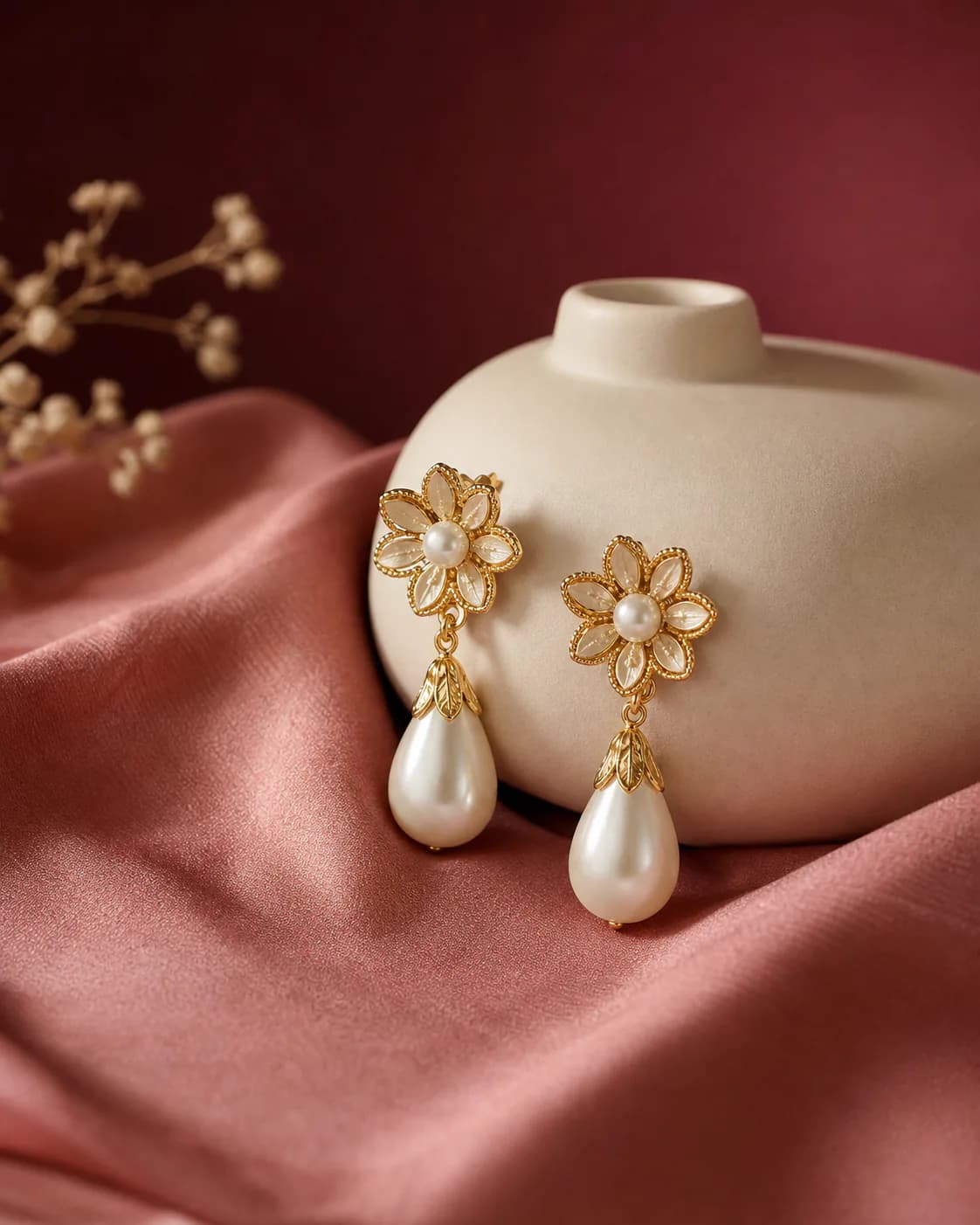 Pearl-drop fashion earrings arranged on dusty rose silk for Holi