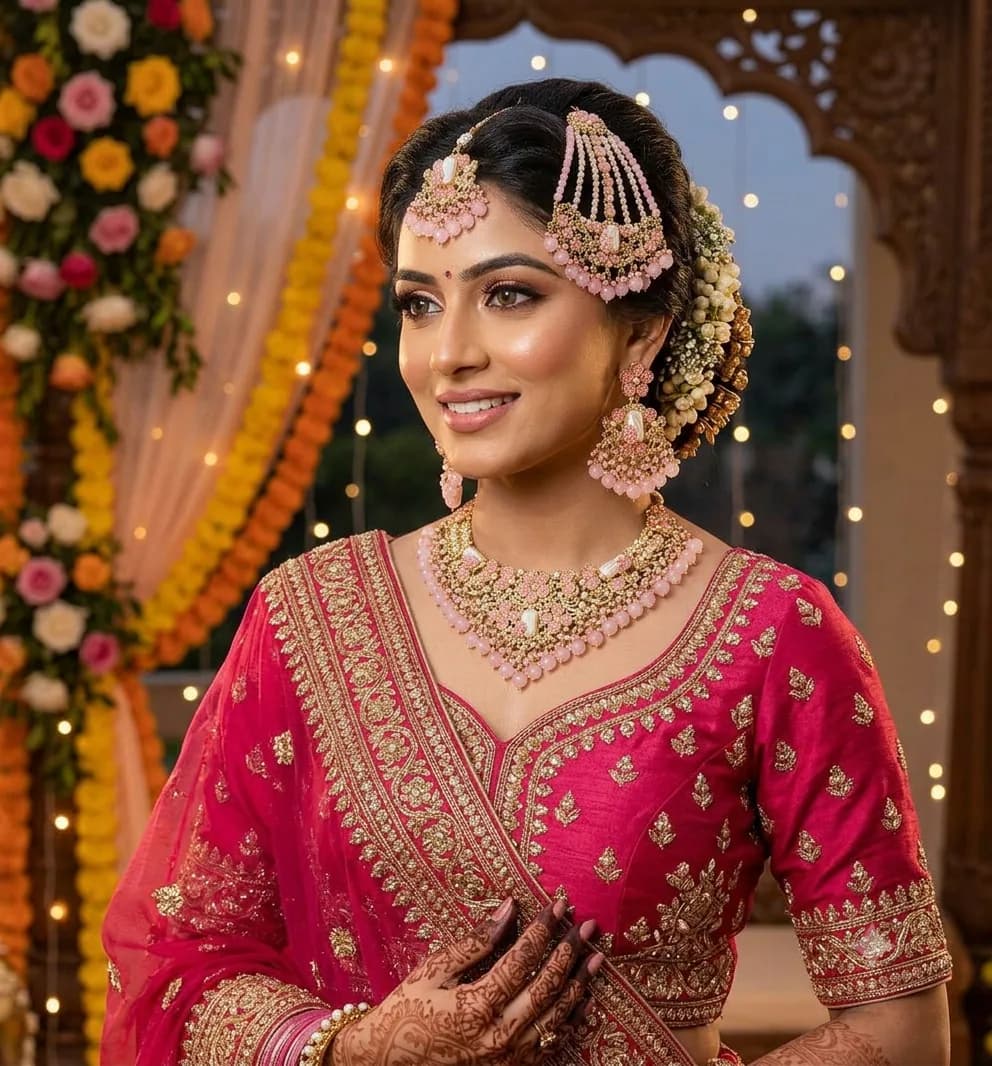 Royal Pink Pearl & Gold-Tone Bridal Fashion Jewellery Set by Maitryee