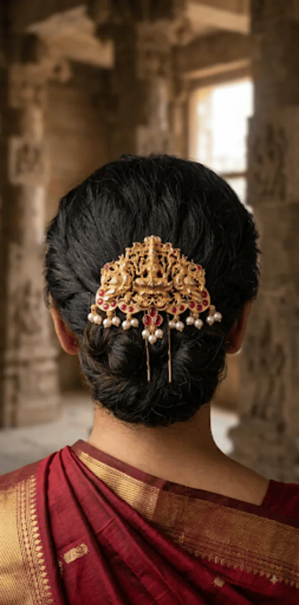 Gold-Tone Ruby Pearl Bridal Hair Bun Ornament by Maitryee