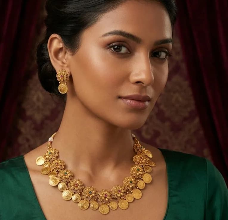 Antique Gold-Tone Floral Coin Necklace & Earring Set by Maitryee