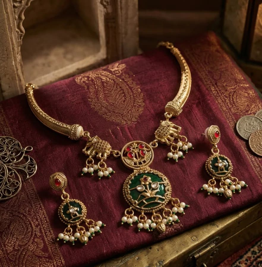 Antique Gold-Tone Green Meenakari Necklace & Earring Set by Maitryee