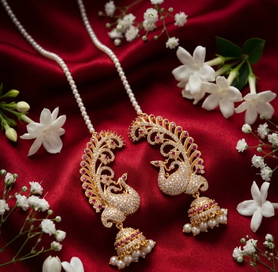 Peacock Motif Earrings with Pearl Chain by Maitryee