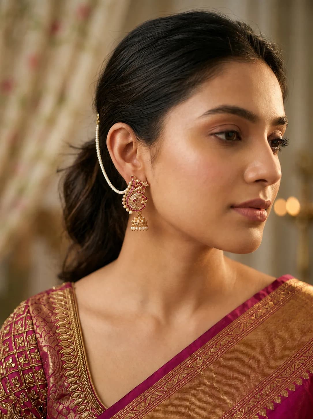 Paisley Motif Ear Cuff with Pearl Kan Chain by Maitryee