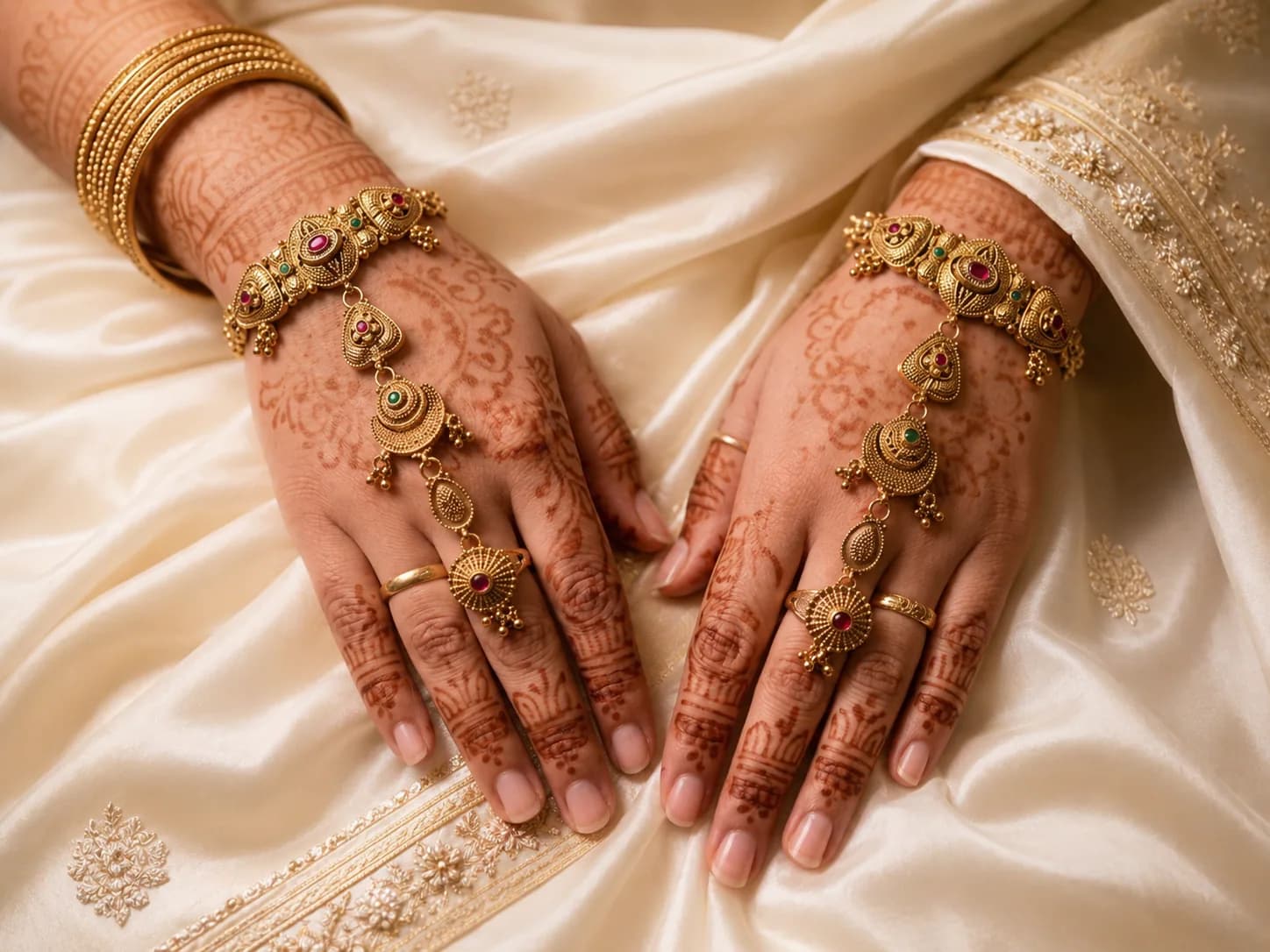 Traditional Bridal Hathphool with Ruby & Green Accents by Maitryee