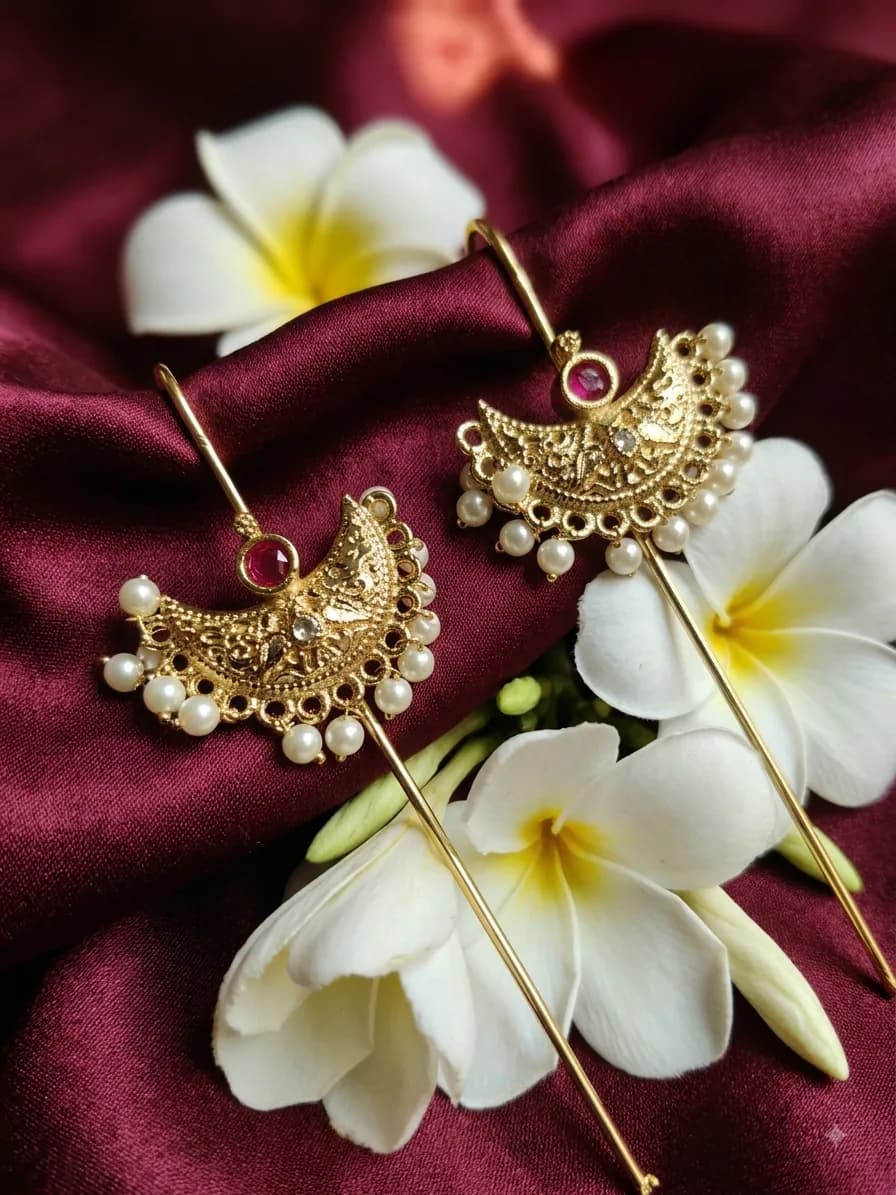 Gold-Tone Ruby Pearl Crescent Maharashtrian Bugadi by Maitryee