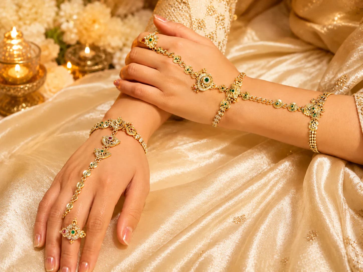 Gold-Tone Green Stone Bridal Hathphool by Maitryee
