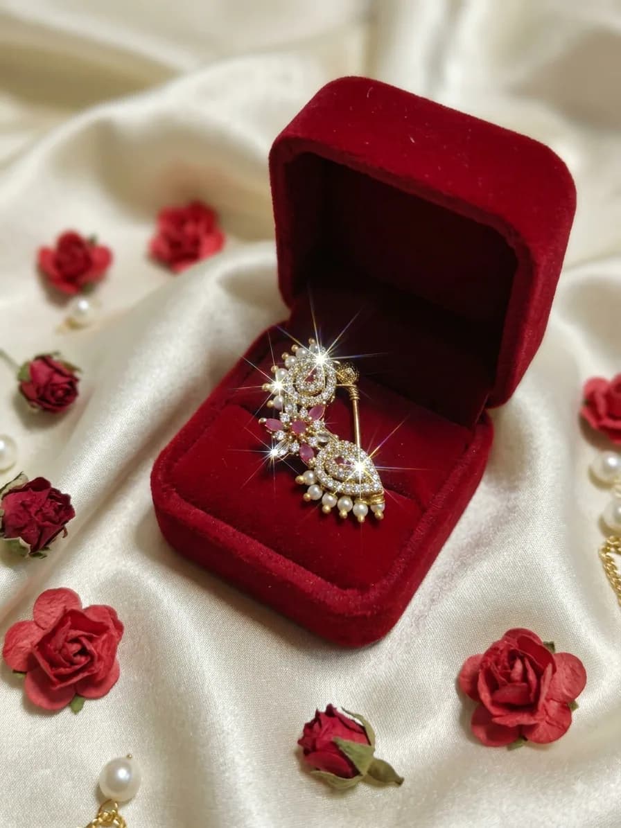 Elegant Pearl & Pink Stone Bridal Nath by Maitryee