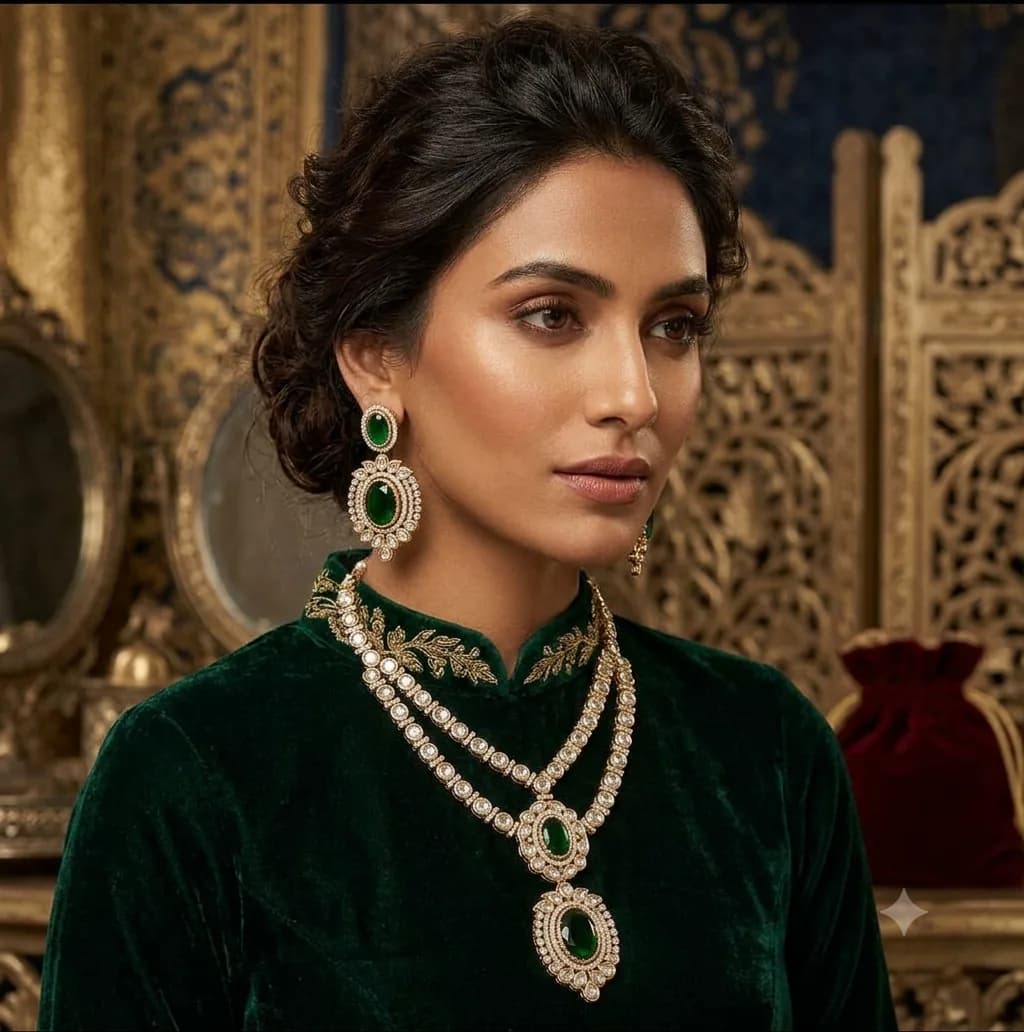 Royal Emerald Green CZ stones Necklace Set by Maitryee