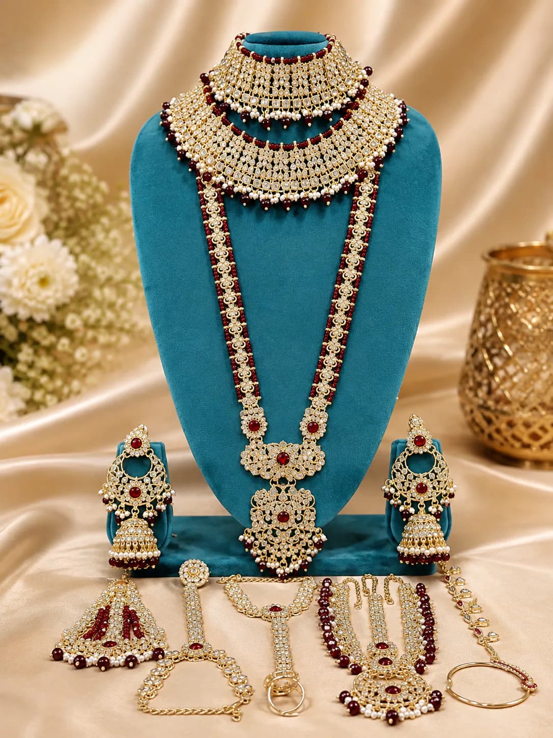 Royal Ruby Pearl Bridal Necklace Set by Maitryee