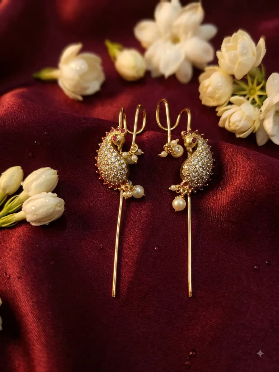 Gold-Tone Peacock Pearl Maharashtrian Bugadi by Maitryee