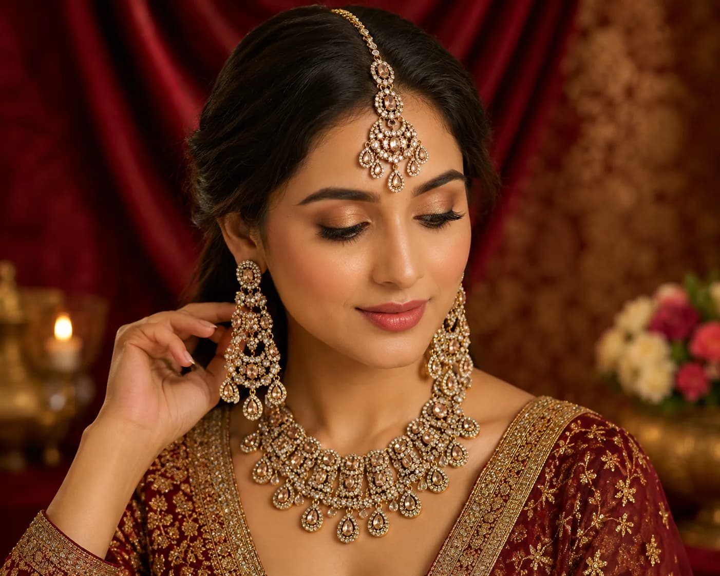 Royal Kundan Style Bridal AD Necklace, Earrings & Mathapatti Set by Maitryee