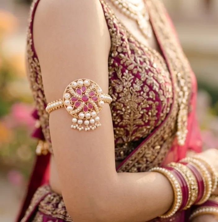 Floral Bridal Bajubandh with Pearl Drops by Maitryee