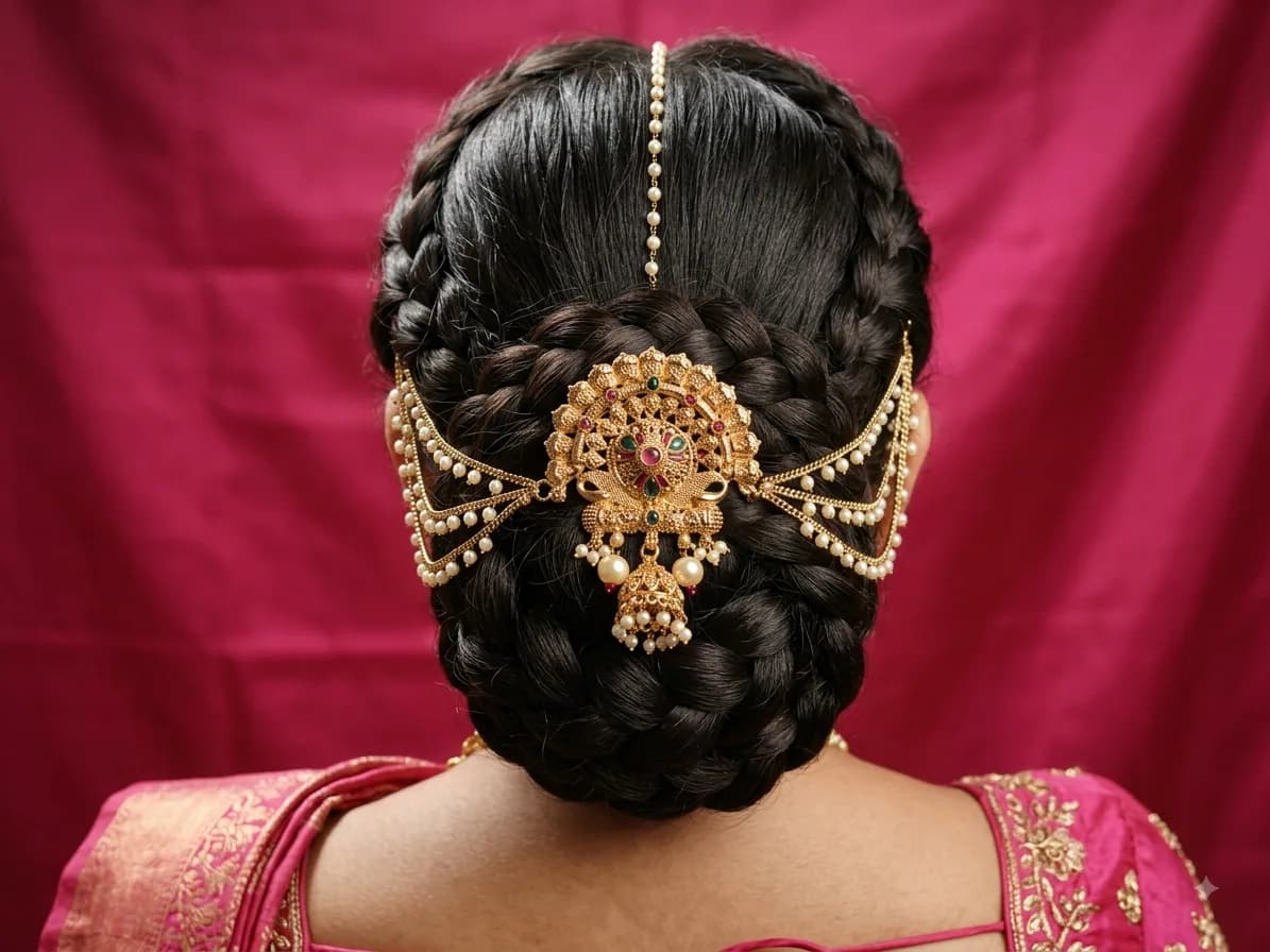 Bridal Hair Bun Ornament with Pearl Chains by Maitryee