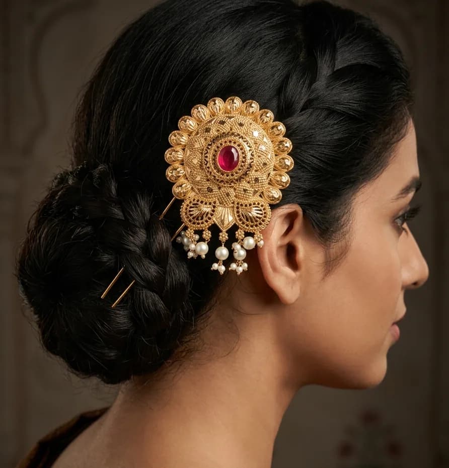 Round Bridal Juda Hair Ornament with Ruby & Pearl Drops by Maitryee