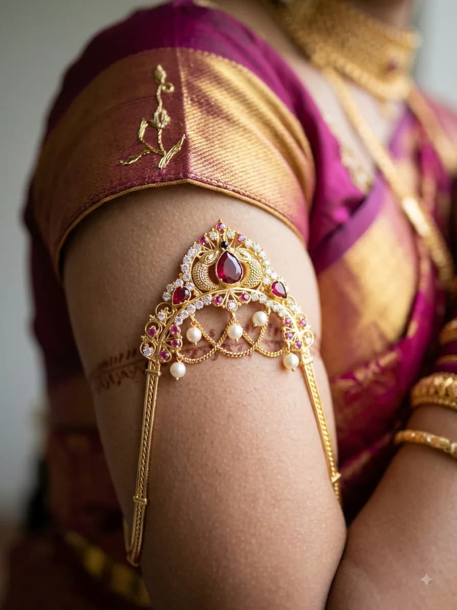 Gold-Tone Ruby & Pearl Armlet by Maitryee
