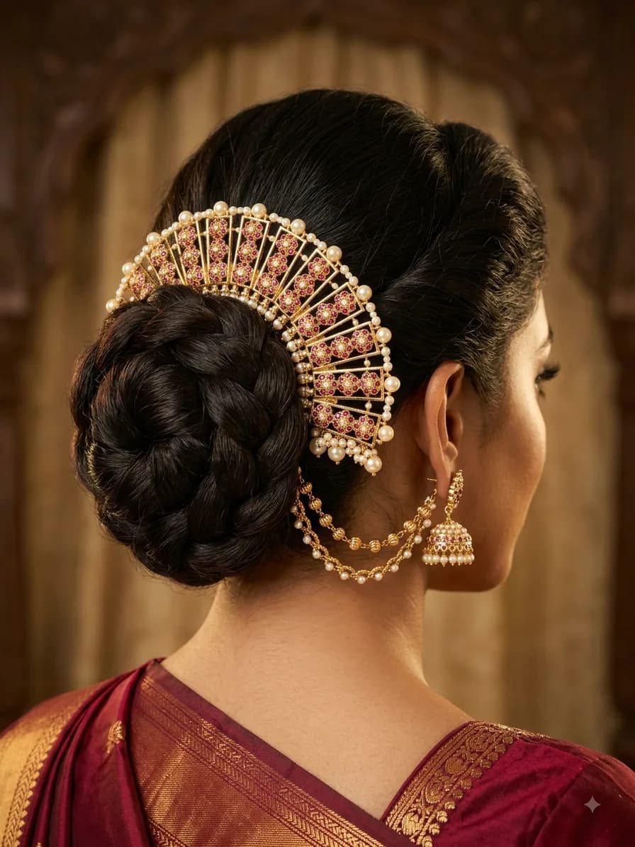 Gold-Tone Pearl & Ruby-Red Bridal Hair Bun Ornament by Maitryee