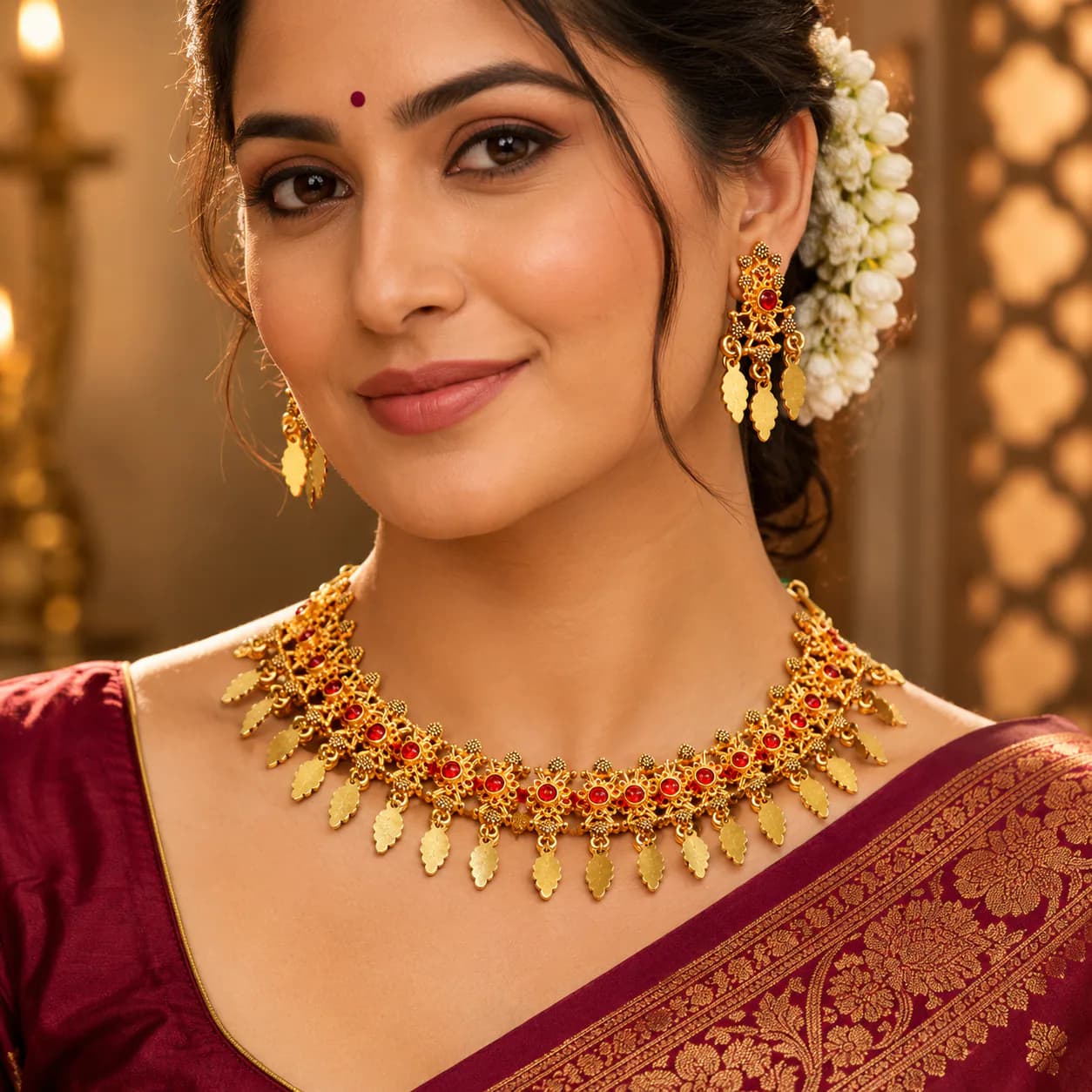 Antique Gold-Tone Ruby Floral Choker Necklace & Earring Set by Maitryee