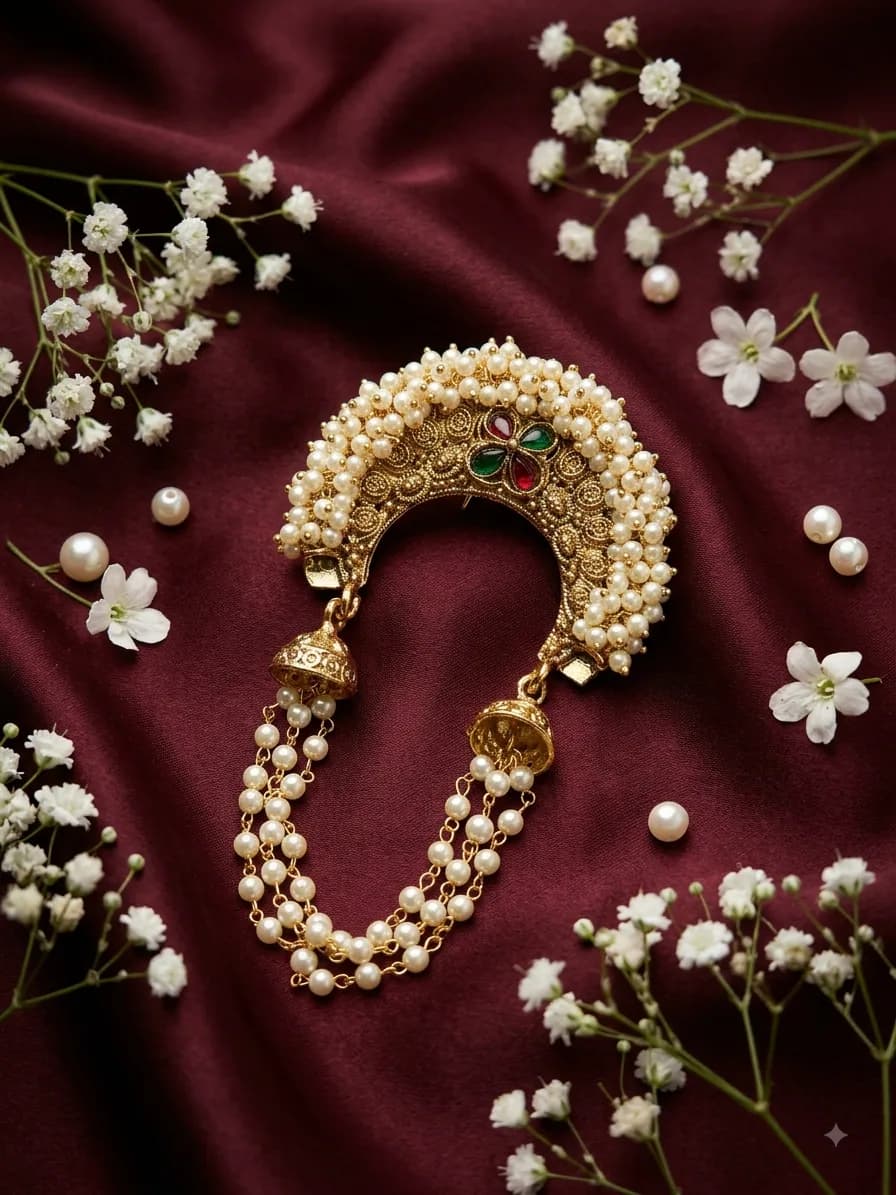 Gold-Tone Pearl Crescent Bridal Hair Ornament by Maitryee