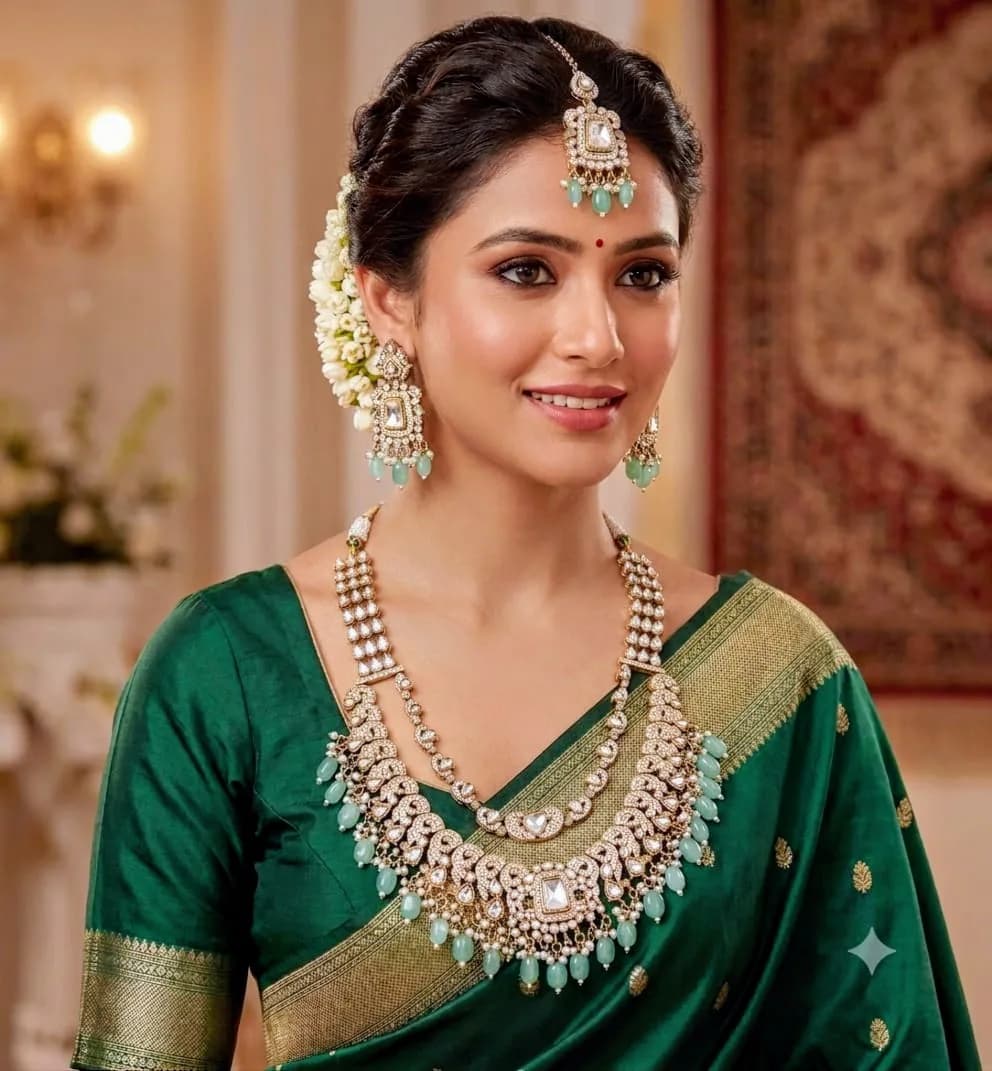 Mint Green Polki Bridal Necklace Set by Maitryee
