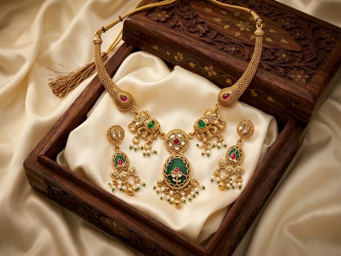 Antique Gold-Tone Green Meenakari Pendant Necklace & Earring Set by Maitryee