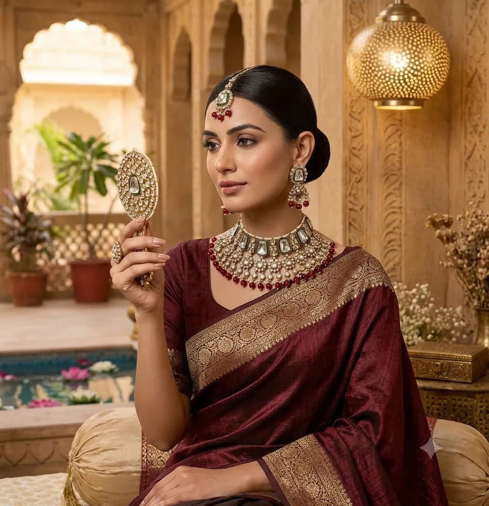 Royal Ruby & CZ Stone Half Bridal Necklace Set by Maitryee