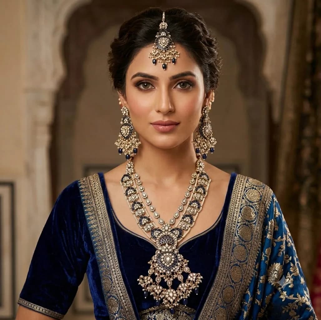 Royal Blue Polki Bridal Necklace Set by Maitryee