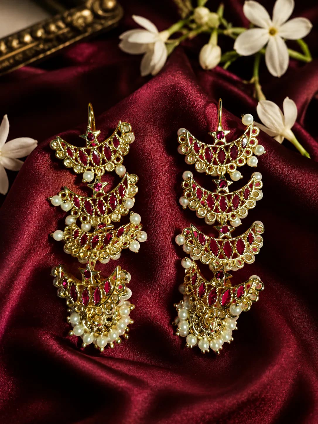 Layered Chandbali Earrings with Ruby & Pearl Drops by Maitryee