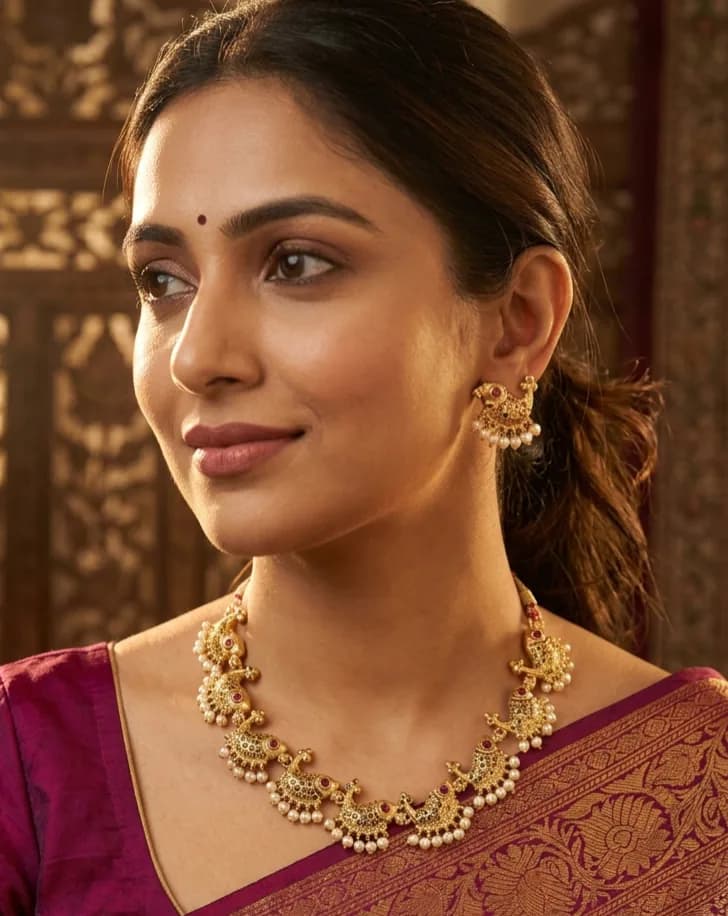 Traditional Ruby-Accent Gold-Tone Necklace & Earring Set by Maitryee