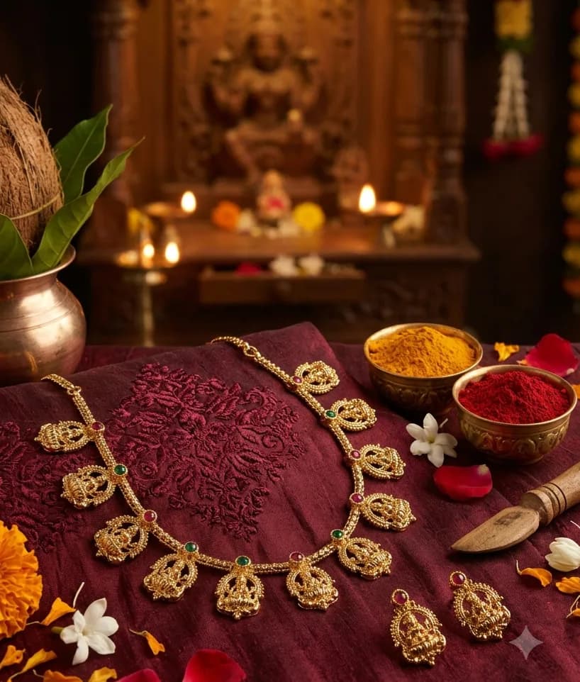 Antique Gold-Tone Lakshmi Temple Necklace & Earring Set by Maitryee