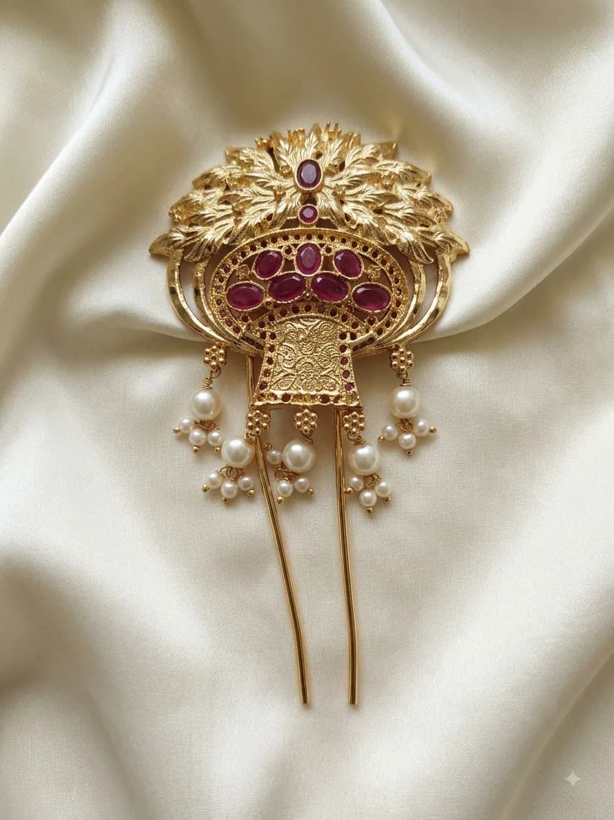 Gold-Tone Ruby Pearl Floral Hair Bun Pin by Maitryee