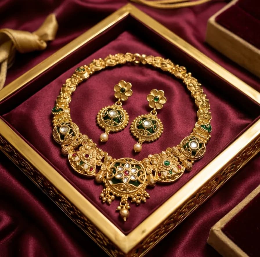 Antique Gold-Tone Green Meenakari Necklace & Earring Set by Maitryee