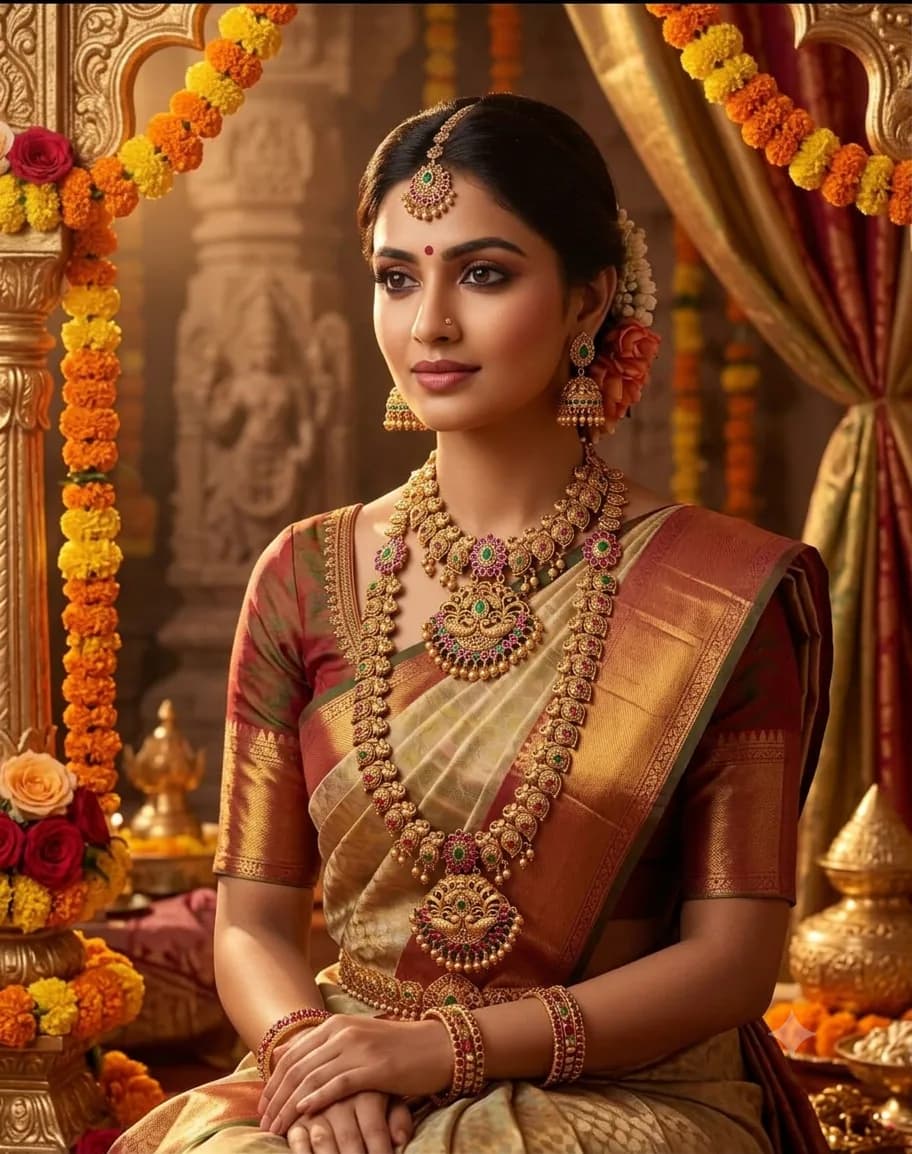 Royal Multicolour Antique Gold Temple Bridal Fashion Jewellery Set by Maitryee
