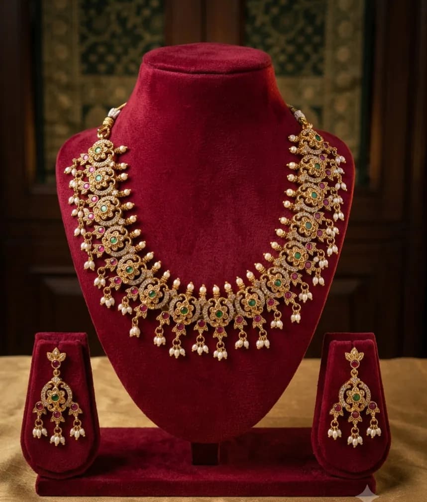 Elegant Kundan Ruby & Emerald Pearl Necklace Set by Maitryee