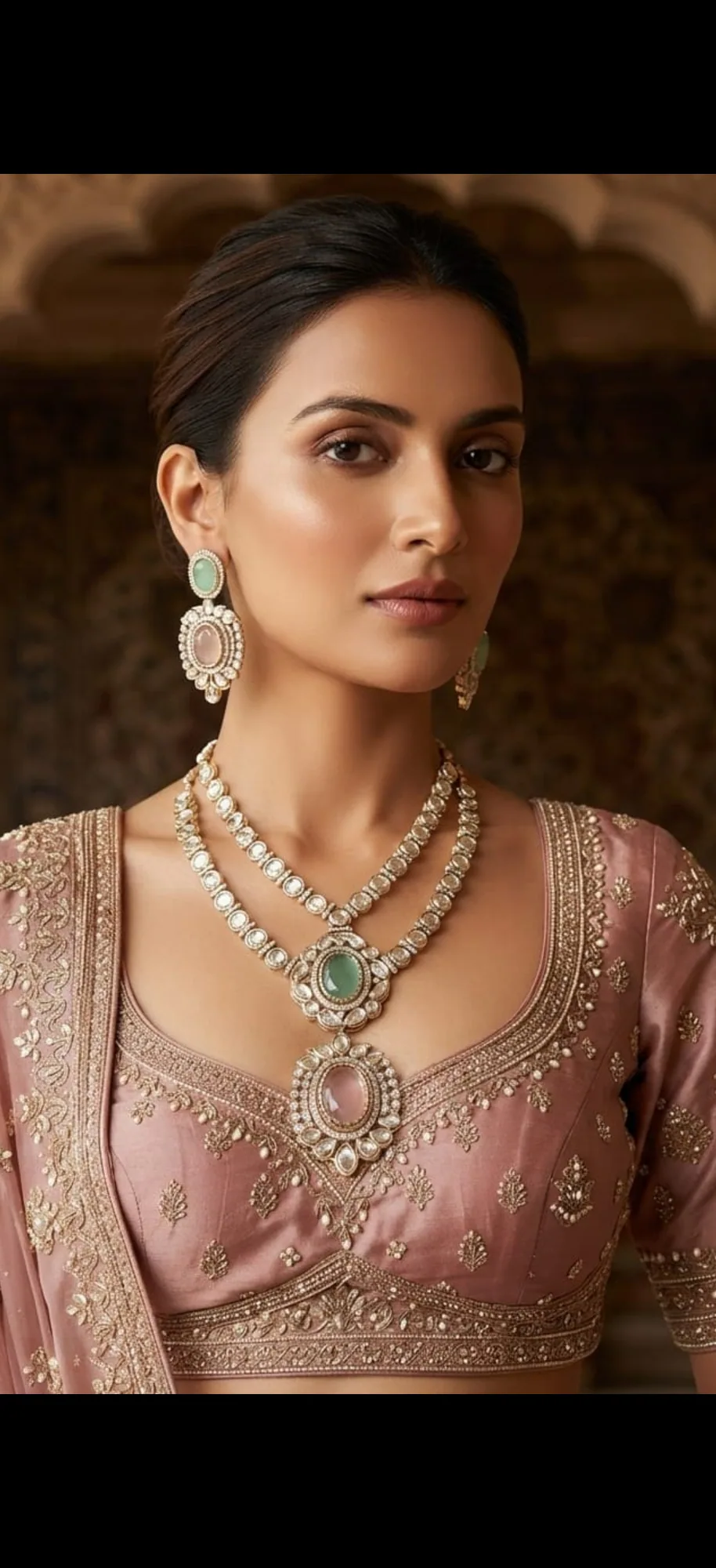 Elegant Green & Pink polki Dual-Layer Necklace Set by Maitryee
