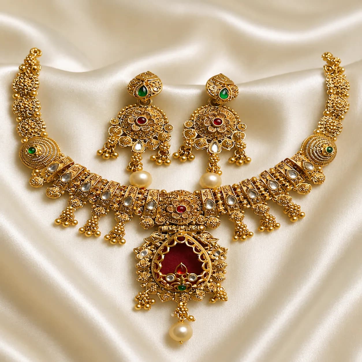 Antique Kundan-Style Gold-Tone Necklace & Earring Set with Statement red Pendant by Maitryee