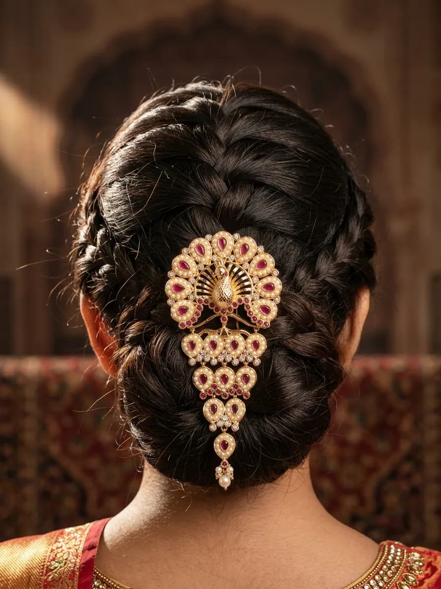 Peacock Bridal Hair Ornament with Ruby Accents by Maitryee