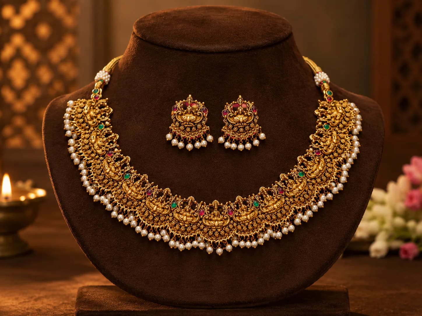 Antique Gold-Tone Goddess Lakshmi Necklace & Earring Set by Maitryee