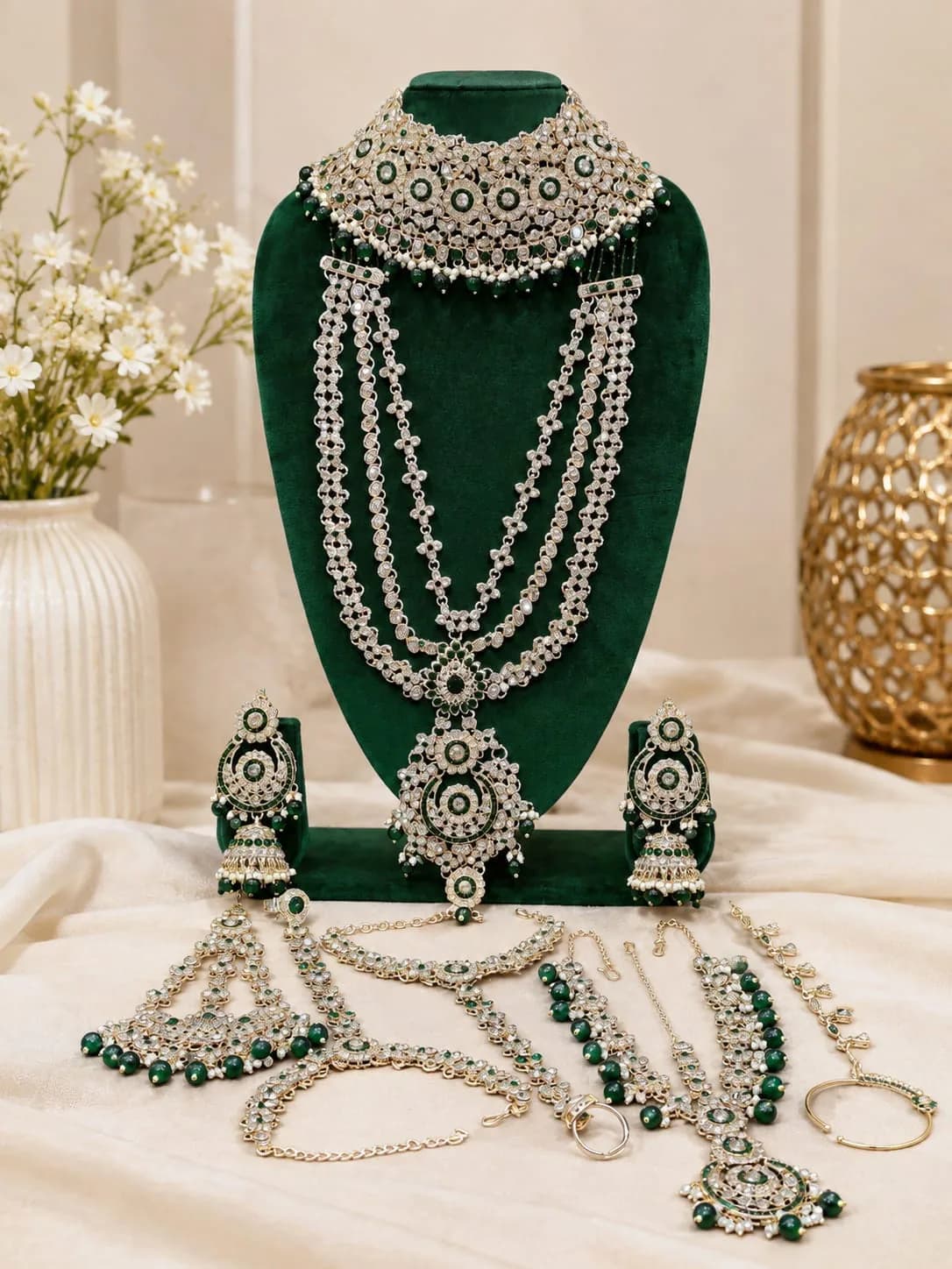 Emerald Green Royal Bridal Necklace Set by Maitryee