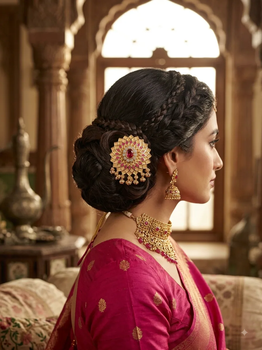 Gold-Tone Ruby Floral Hair Bun Brooch by Maitryee