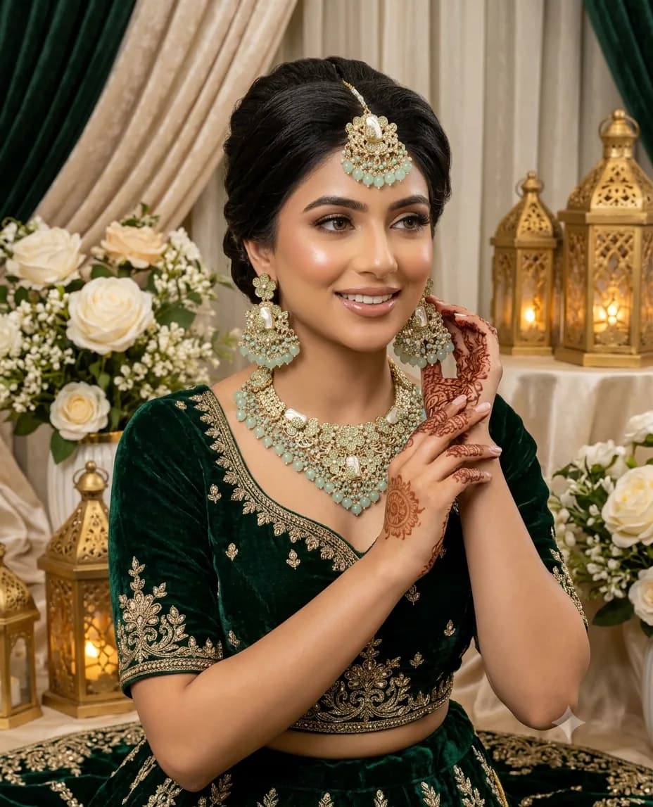 Elegant Mint Green & Pearl Bridal Necklace Set by Maitryee