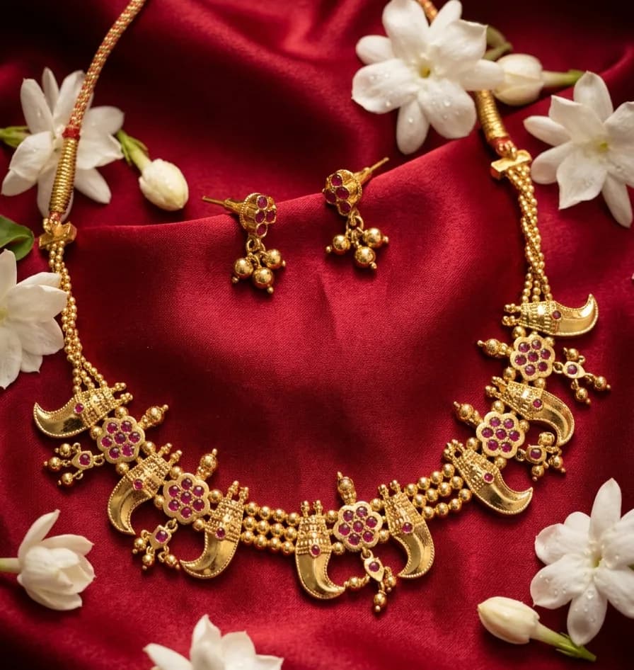 Traditional Gold-Tone Crescent Pendant Necklace Set with Ruby Accents by Maitryee