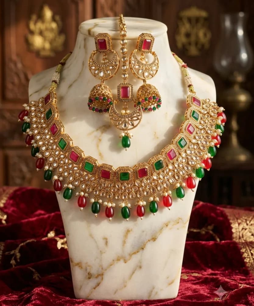 Royal Kundan Ruby & Emerald Bridal Necklace Set by Maitryee