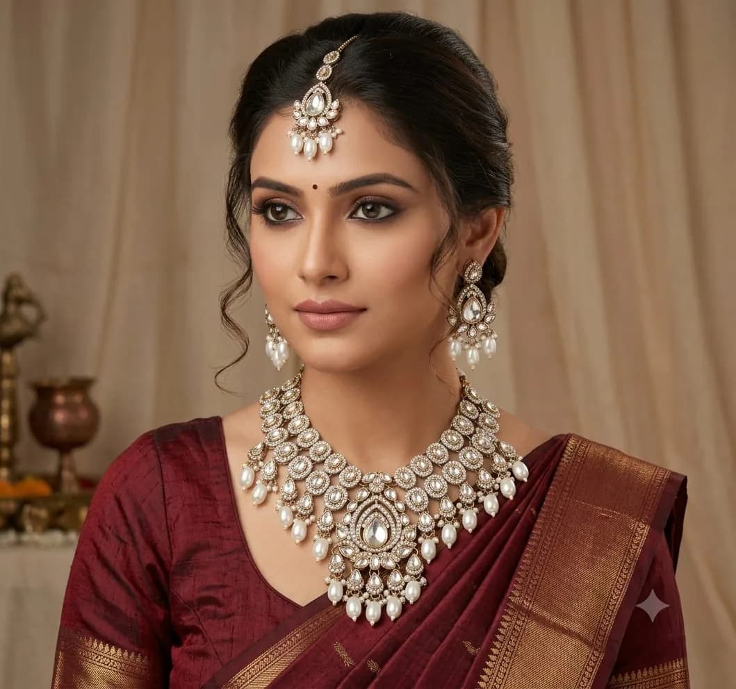Elegant Polki Pearl Bridal Necklace Set by Maitryee