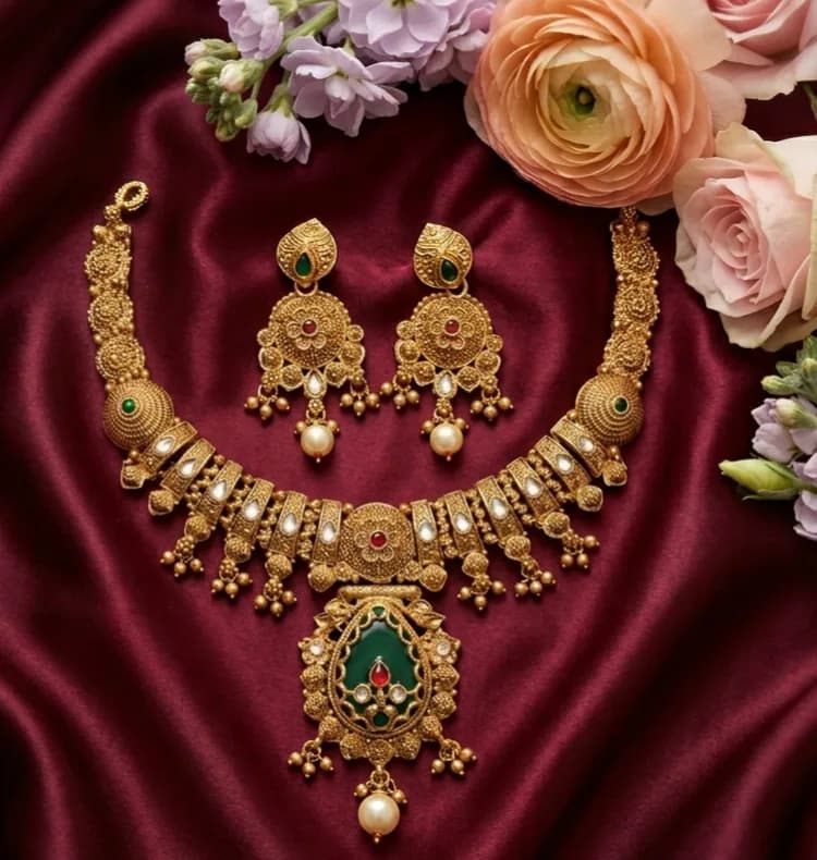 Antique Kundan Necklace Set with Green Pendant & Pearl Drop by Maitryee