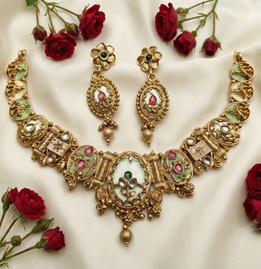 Antique Gold-Tone Meenakari Floral Necklace & Earring Set by Maitryee